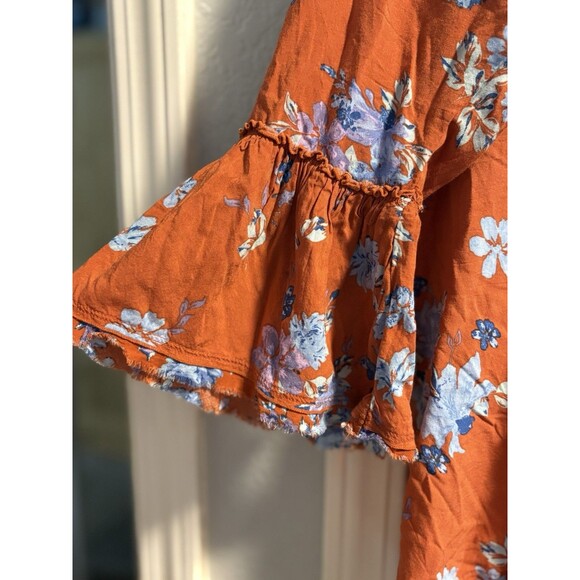 Free‎ People Womans Orange Blue Floral Loretta tunic top Medium Long Sleeve Boho - Picture 3 of 8